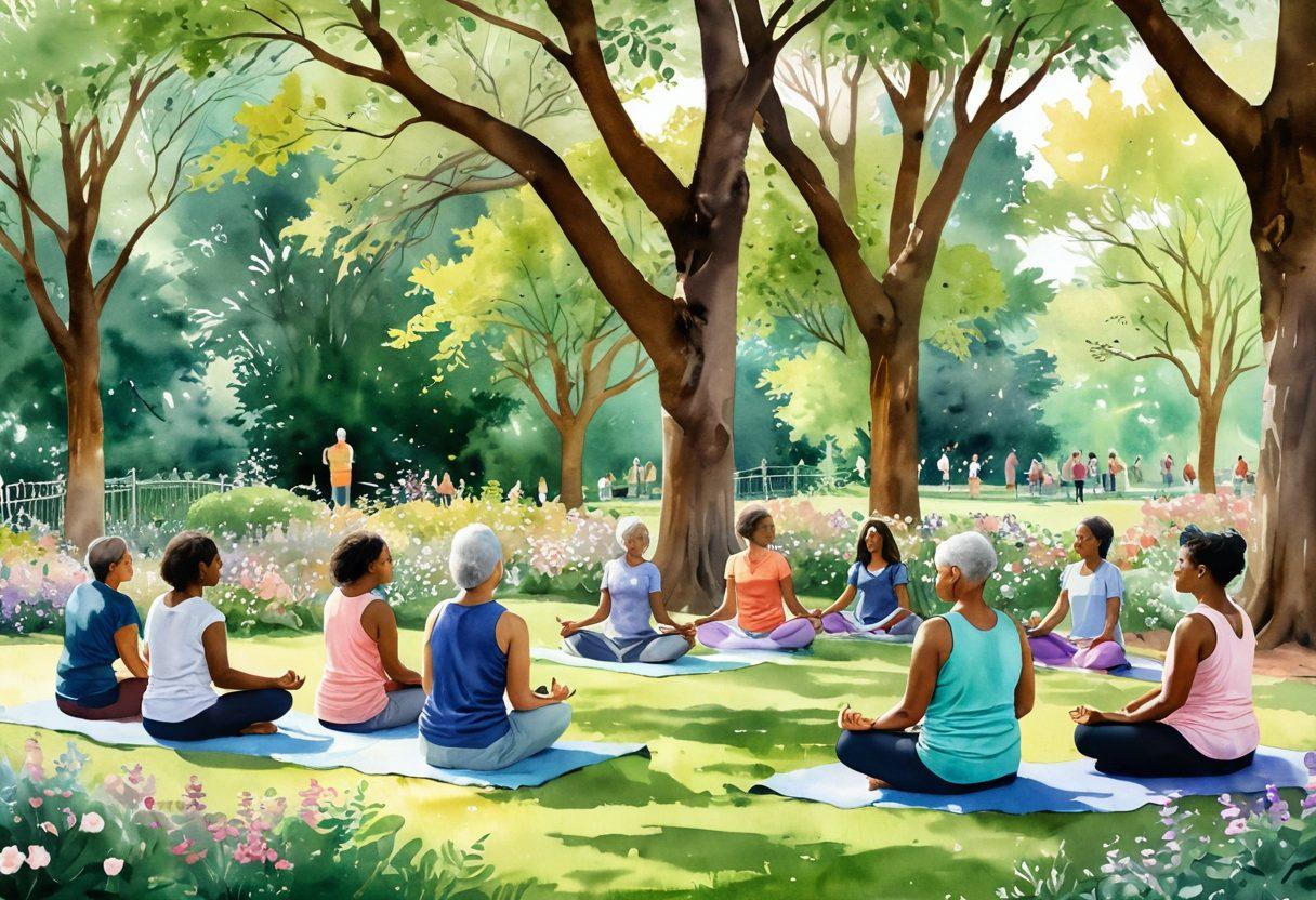 A warm and inviting community gathering scene, featuring cancer survivors sharing stories in a lush park, surrounded by blooming flowers and greenery. Diverse individuals are engaging in holistic health activities like yoga and meditation, with banners promoting support and advocacy. Soft sunlight filters through the trees, creating a serene atmosphere of hope and healing. watercolor style. soft pastels. vibrant colors.