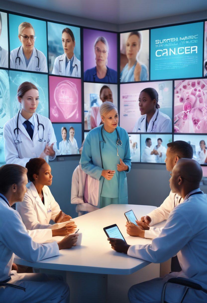 A compassionate scene depicting a diverse group of patients engaging in a supportive discussion about cancer care, with a backdrop of medical professionals explaining innovative treatments on a digital screen. Include elements of awareness like informational posters and advocacy symbols around the room. The atmosphere should convey hope and empowerment, with soothing colors and soft lighting. super-realistic. vibrant colors. 3D.