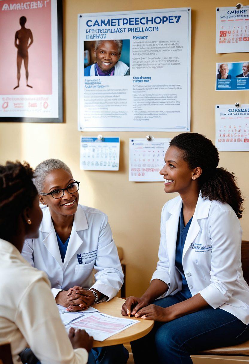 A compassionate healthcare provider discussing cancer awareness with diverse patients in a cozy clinic. The scene includes educational posters on the walls about early detection, a calendar marking awareness events, and patients engaged in conversation, conveying hope and community support. Soft, warm lighting enhances the comforting atmosphere. vibrant colors. super-realistic.